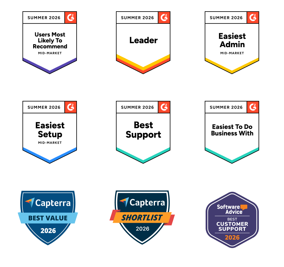 Grid of LearnWorlds G2 Summer 2026 badges on a black background.