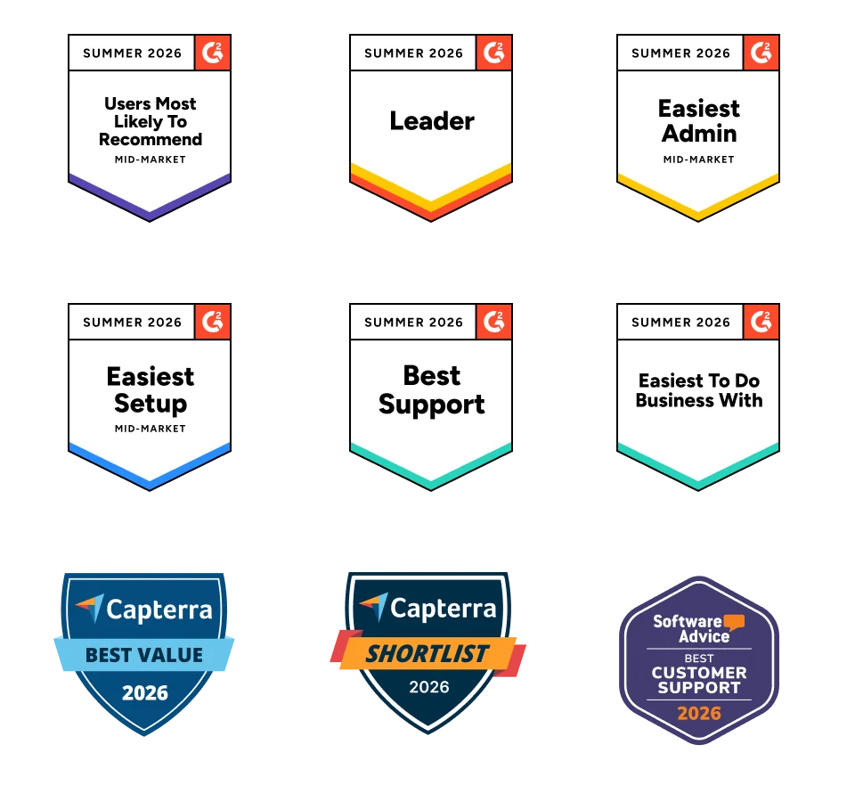 Grid of LearnWorlds G2 Summer 2026 badges on a black background.