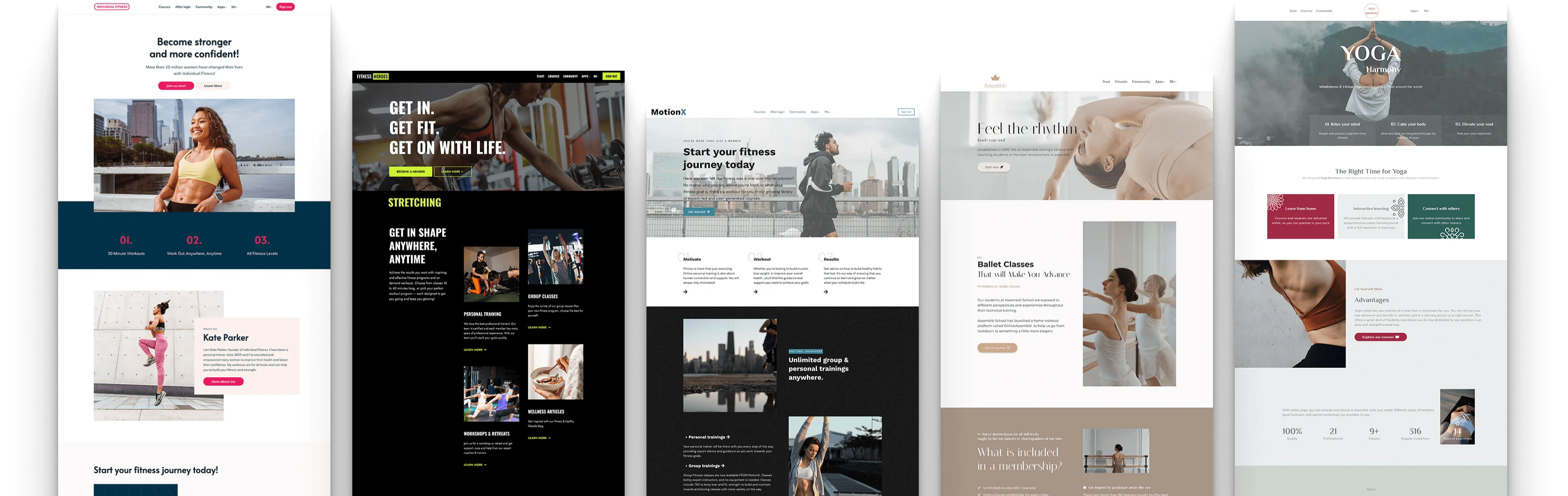 Showcasing the fitness website templates of LearnWorlds. Selling fitness training through your own website.