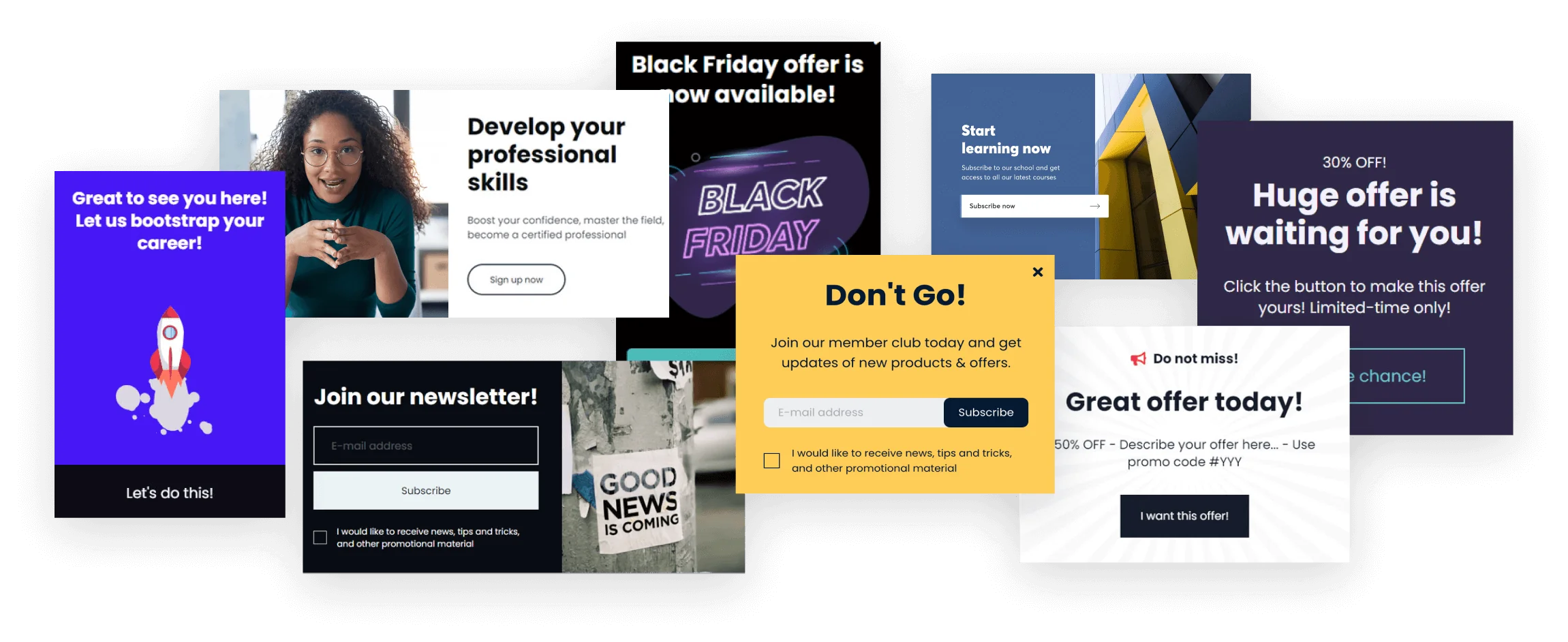 A collection of popup templates you can find inside LearnWorlds.