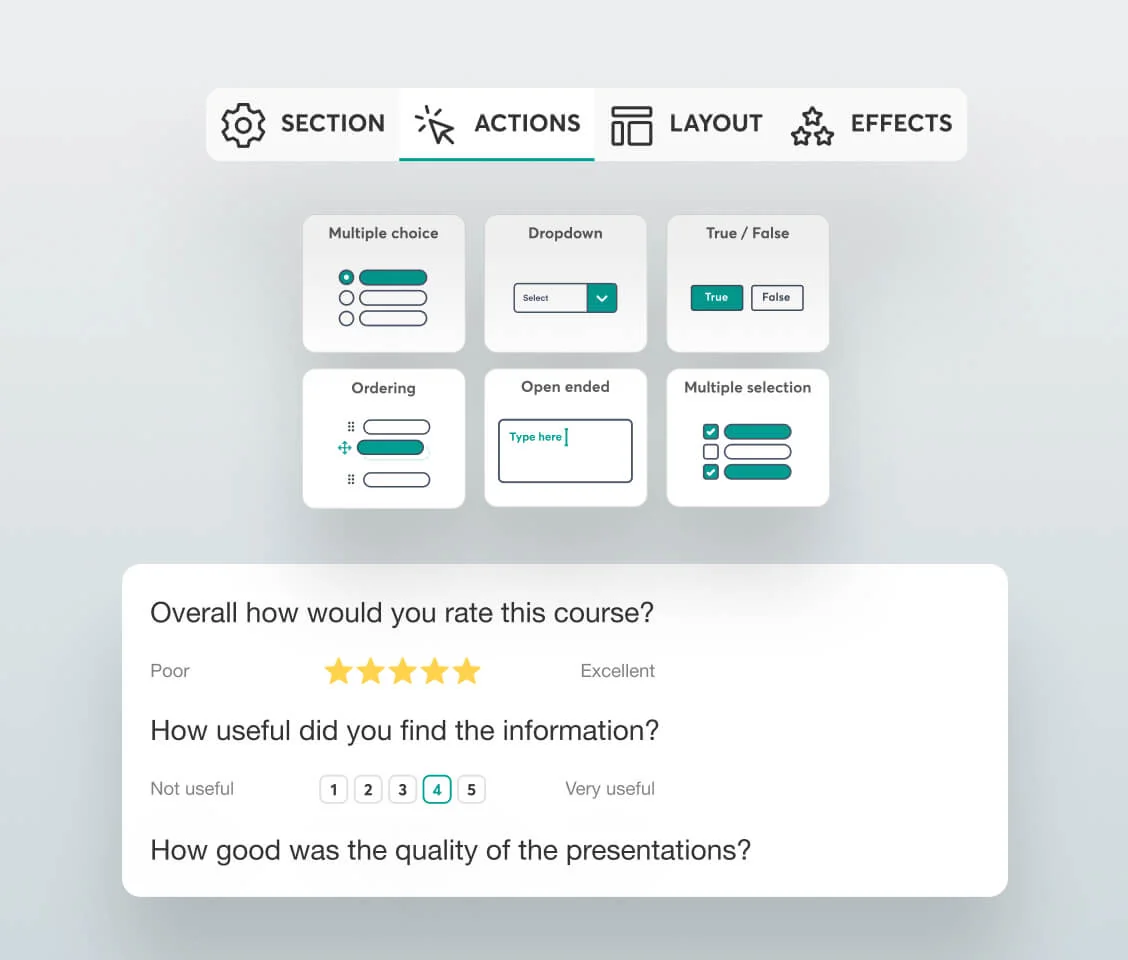 Showcasing the various customization options inside LearnWorlds' Form and Survey Builder.