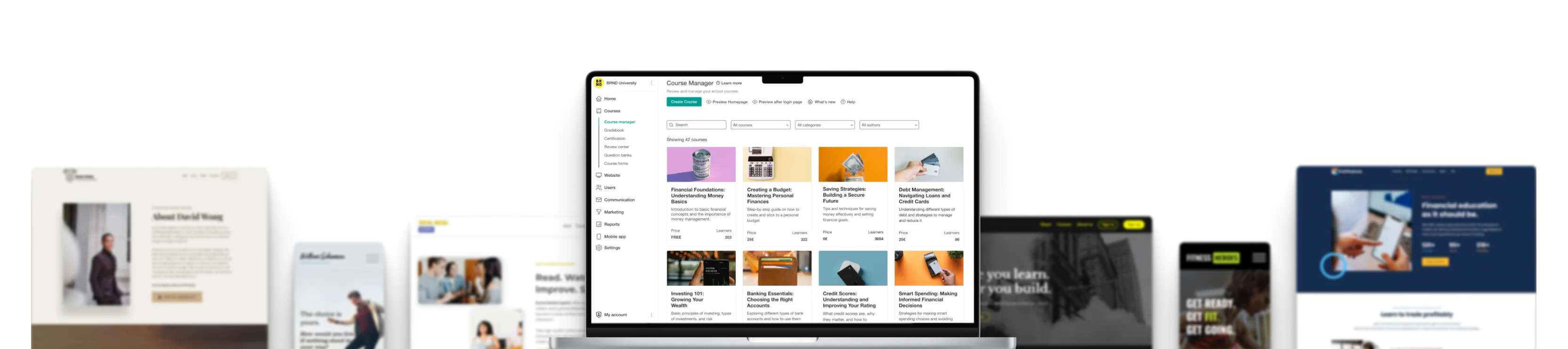 Laptop — displaying a "Course Manager" dashboard with multiple course cards — surrounded by tablets and phones showing various website landing...