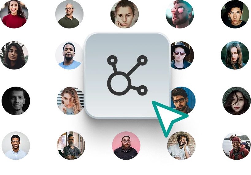 Network of user profile images connected around a central integration icon.
