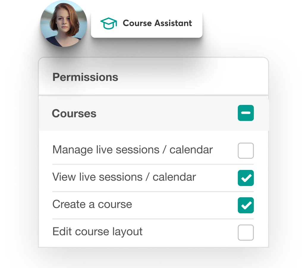 User permissions panel for managing course access and editing capabilities.