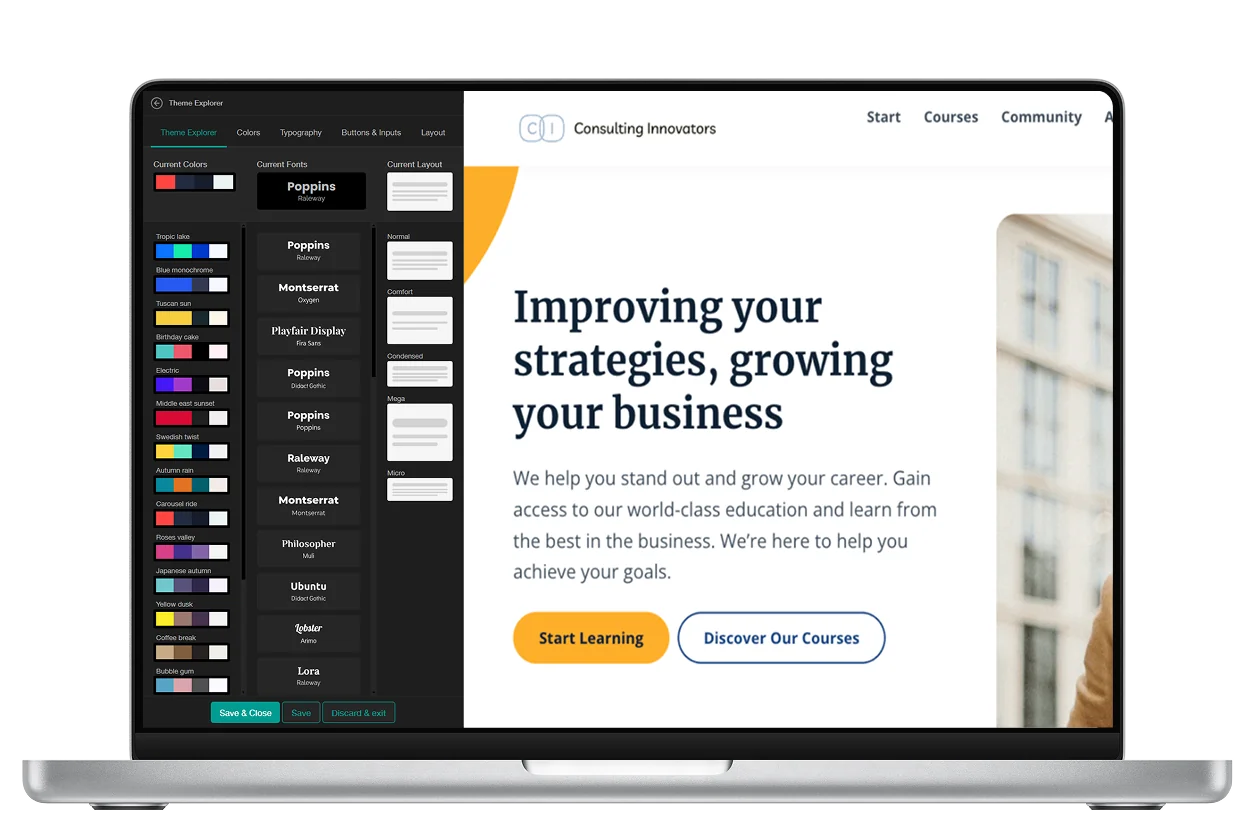 Website builder interface showing theme customization options and a course website preview.