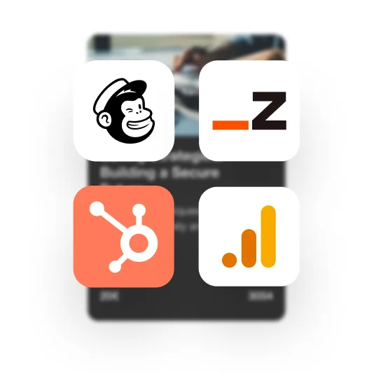 Four app icons — Mailchimp monkey, zapier , hubspot,  google analytics