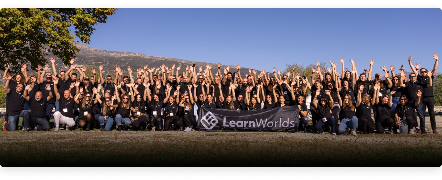 The team of LearnWorlds posing for a picture, more than 100 people that build the world's top course platform at the company retreat.