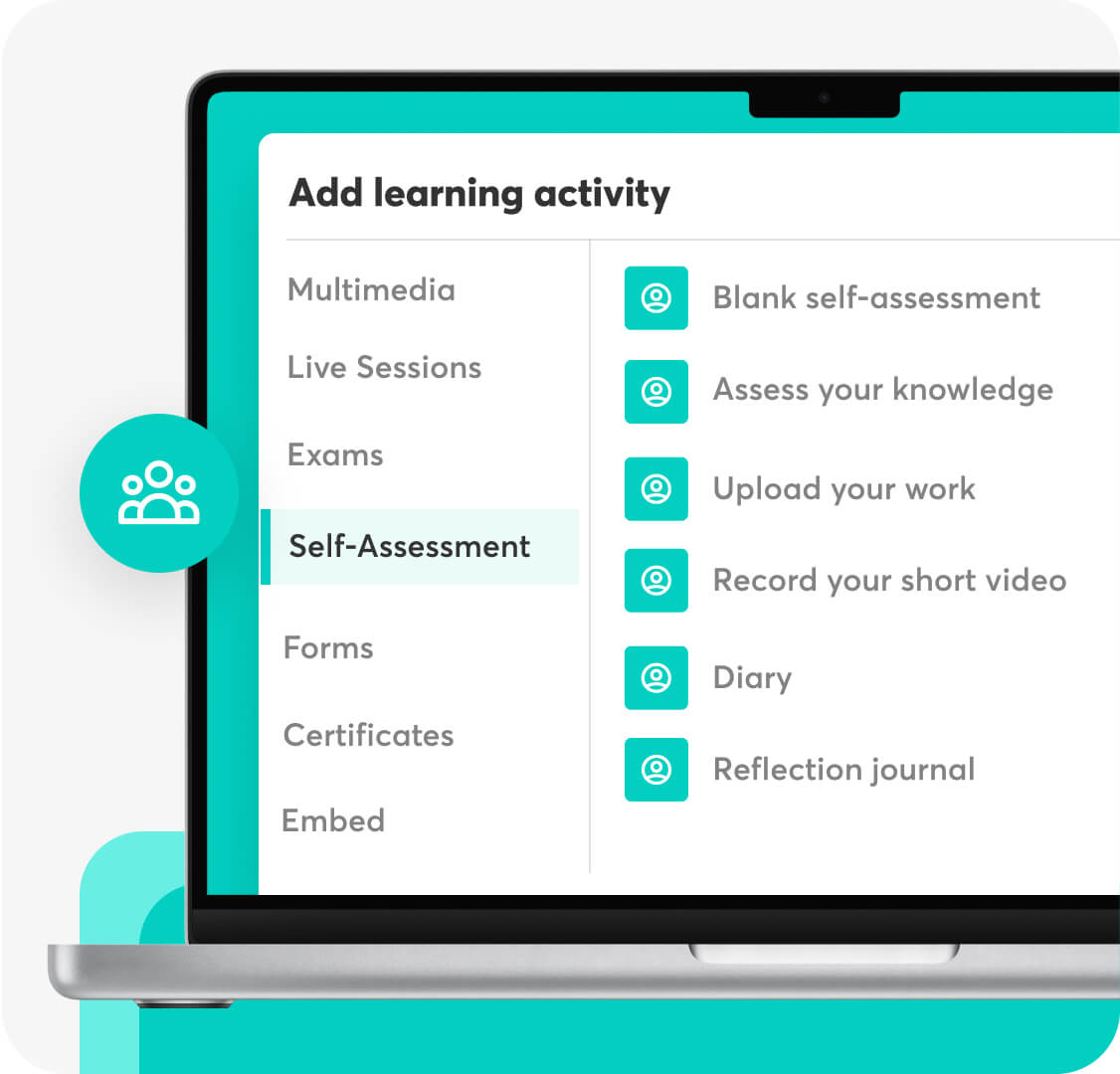 Learning activities you can have on LearnWorlds including self-assessments, quizzes, multimedia, live sessions, exams etc.