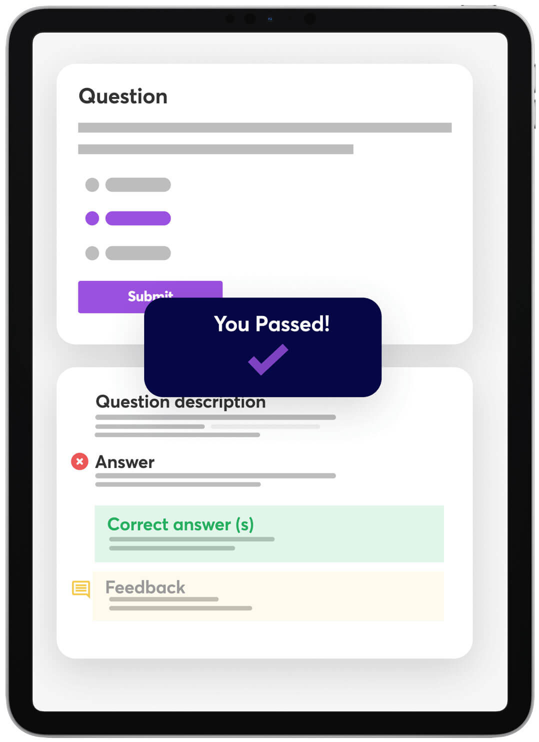 A tablet screen with a set of questions and answers showing the passed mark.