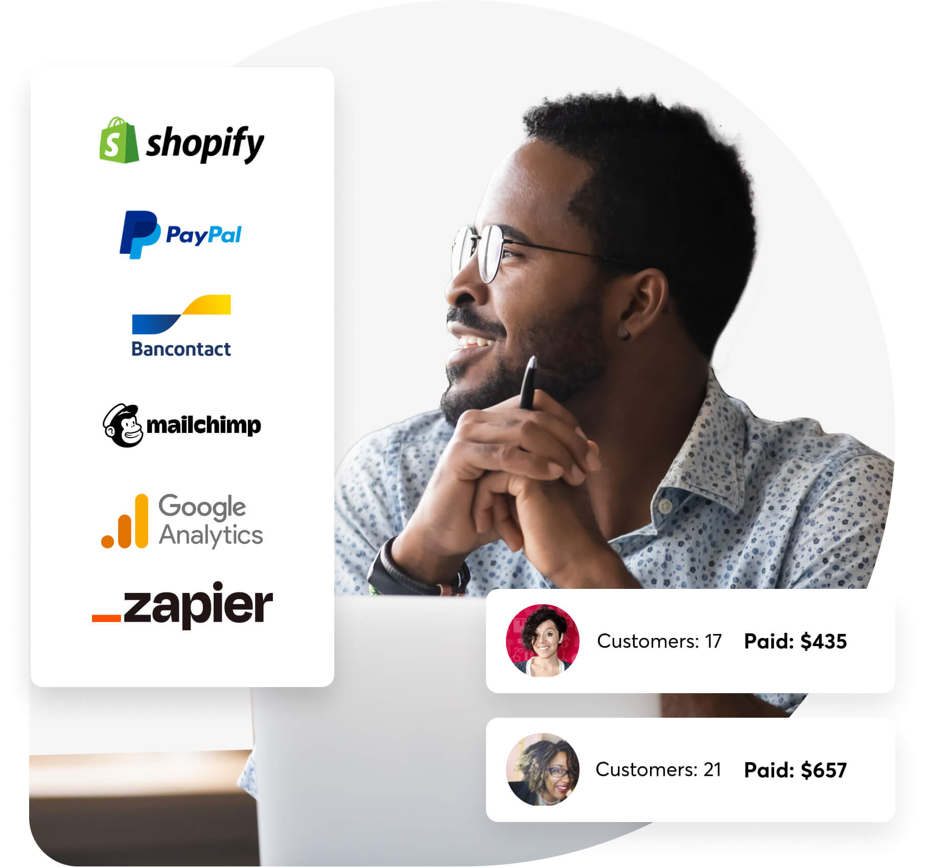 Connect with the right tools for your coaching business: Shopify, Paypal, Bancontact, Mailchimp, Google Analytics, Zapier.