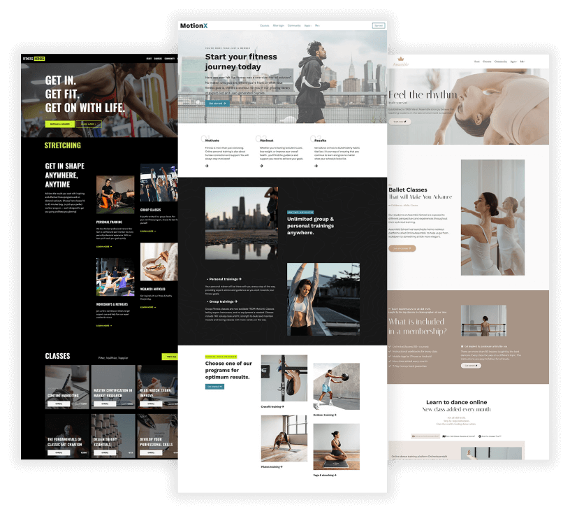 Showcasing the fitness website templates of LearnWorlds. Selling fitness training through your own website.