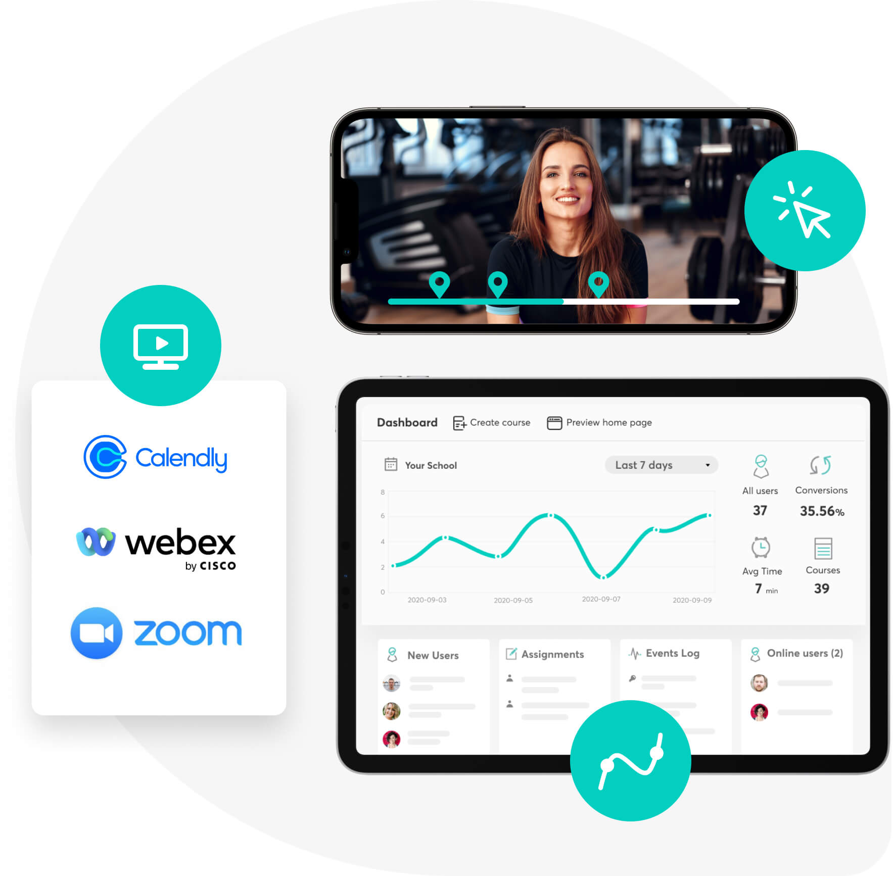 The tool you need to run an online fitness buiness. Schedule coaching calls with calendly and do webinars with webex and zoom.