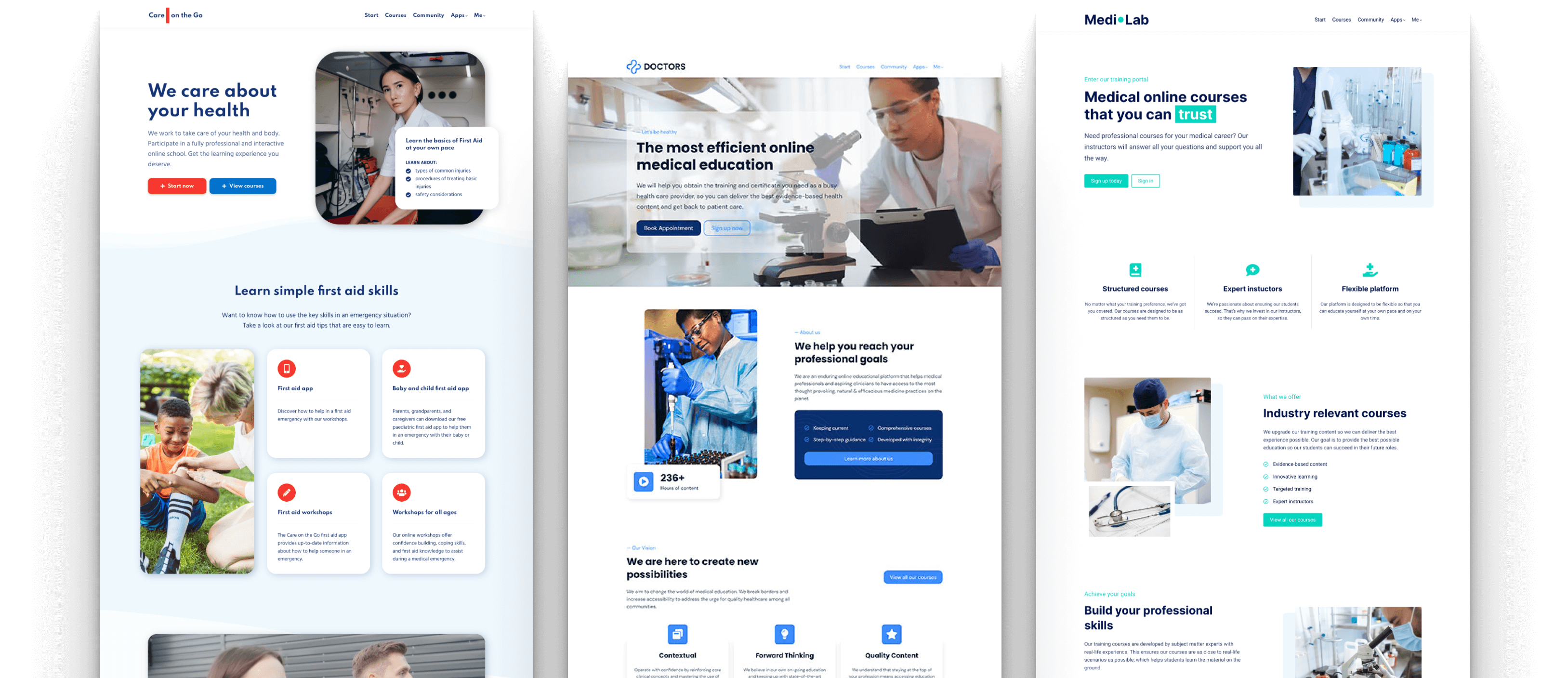 Showcasing the medical website templates of LearnWorlds. Selling medical education and patient education services through your own website.