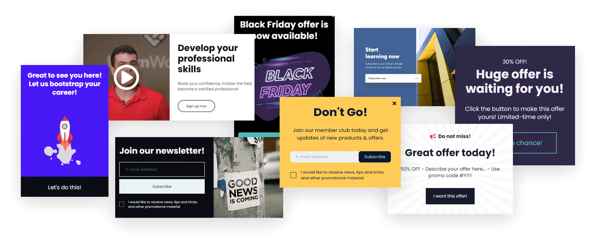 A collection of popup templates you can find inside LearnWorlds.