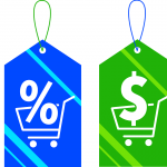 Illustration of product labels with dollar and percentage sign on them.