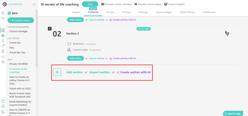 add course sections LearnWorlds