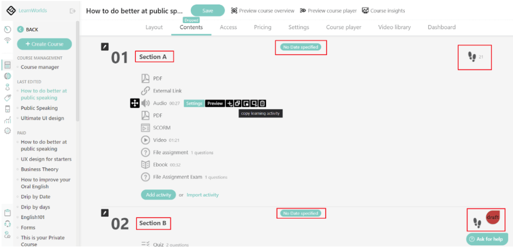 drip feed courses by date LearnWorlds