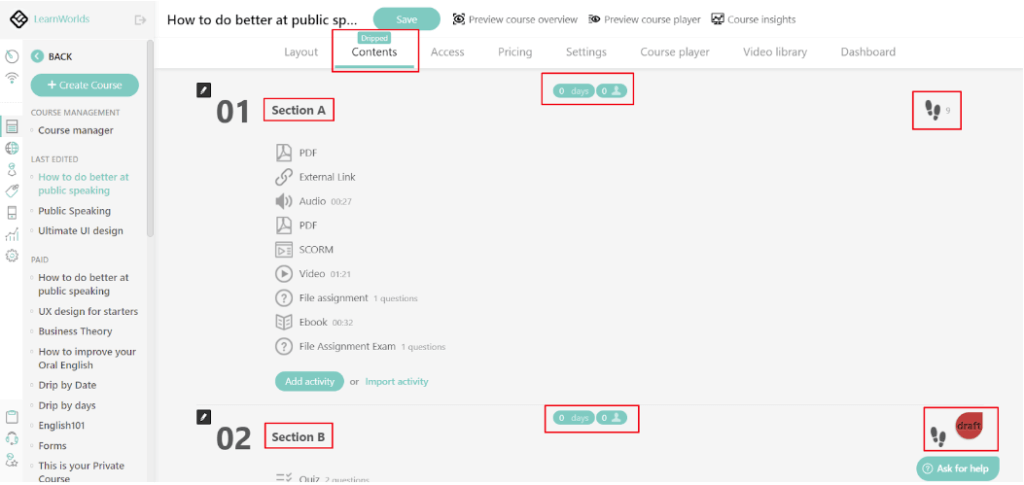 drip feed courses by days LearnWorlds