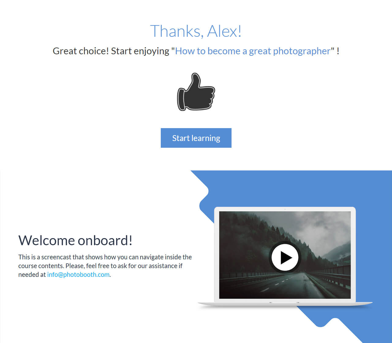 LearnWorlds Thank you page assistant