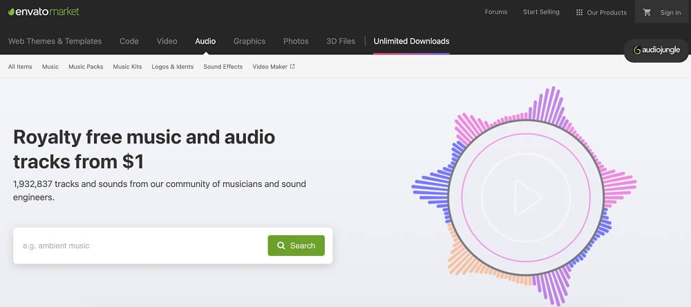 a screenshot of AudioJungle's landing page showing a play button in bright background