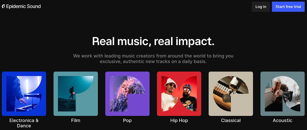 a screenshot of epidemic sound's landing page showing some available categories with black background and colorful images