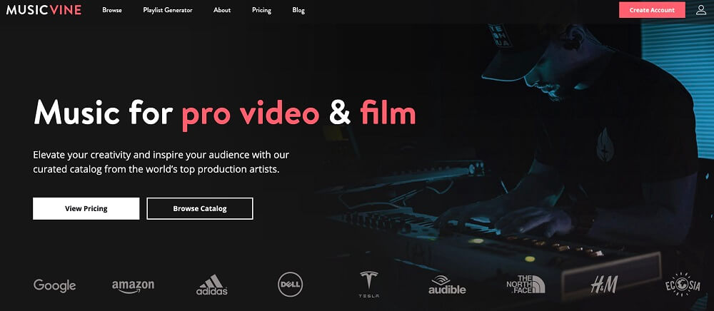 a screenshot of Music Vine's landing page showing a music producer compiling music in dark background