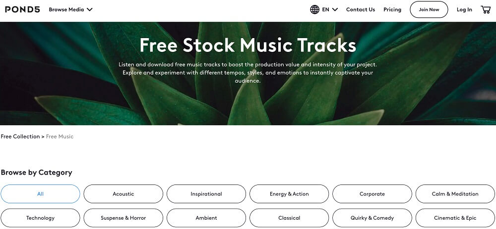 a screenshot of pond5's landing page with a green banner showing music categories