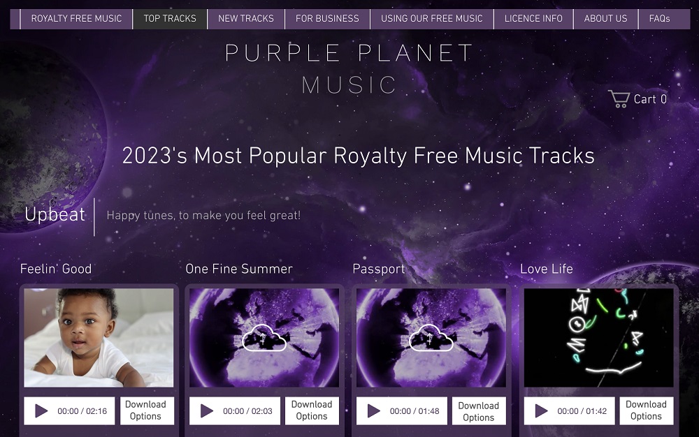 a screenshot of Purple Planet's landing page in purple showing previews of available tracks
