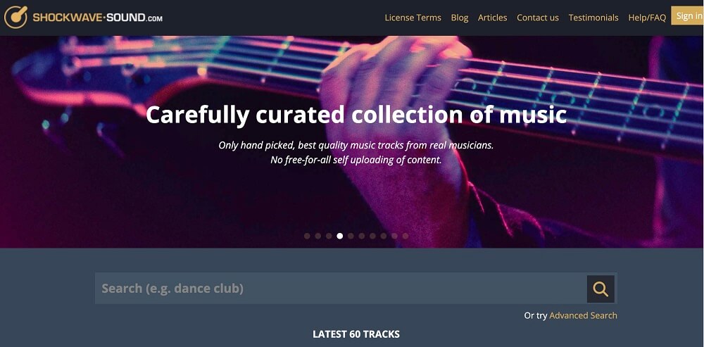a screenshot of Shockwave sound's landing page showing a hand playing a musical instrument in dark background