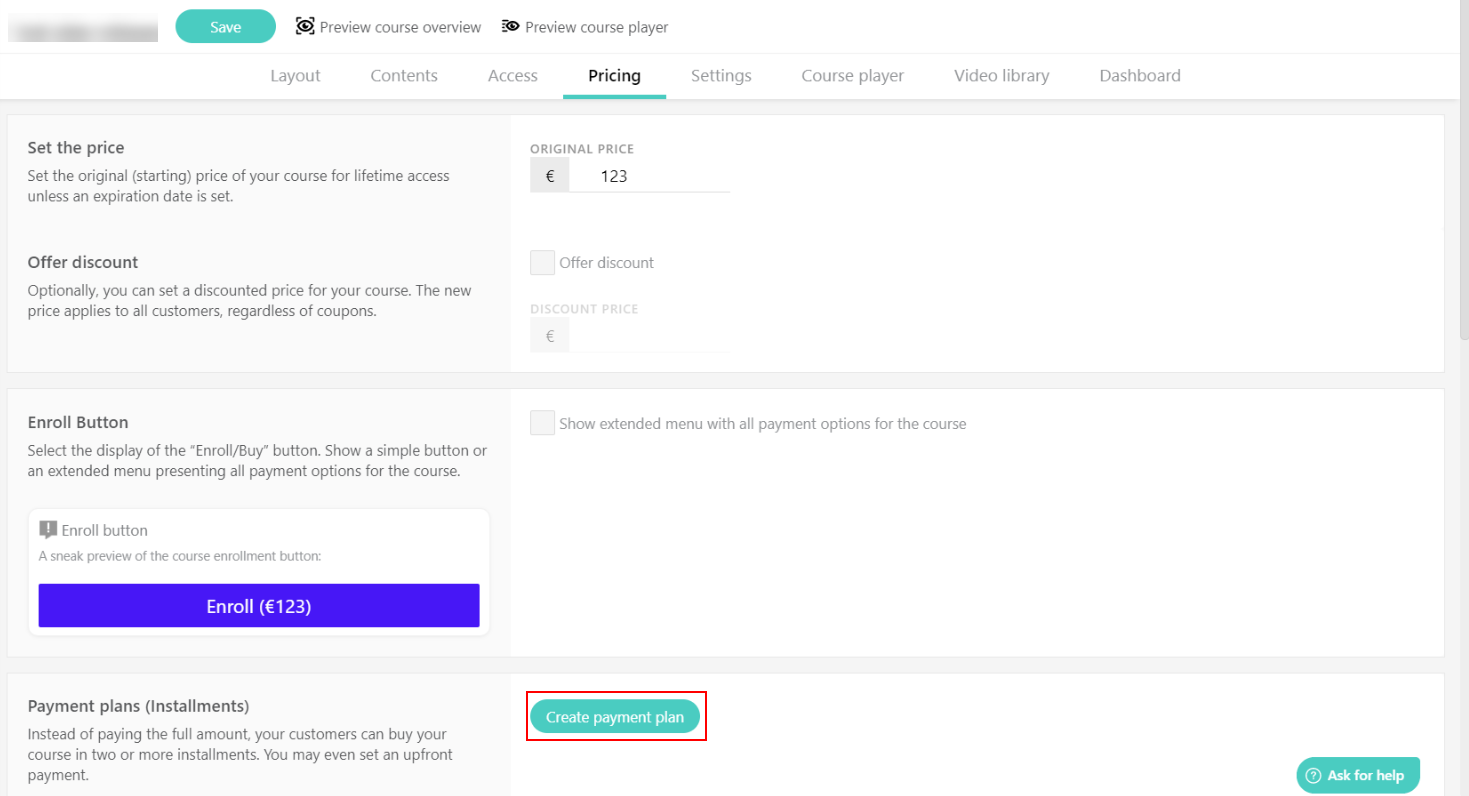 Screenshot of the payment setting on LearnWorlds showing how to create a payment plan.