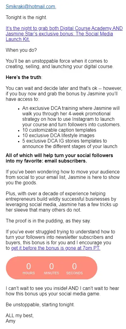 A screenshot showing Amy Porterfield's sixth post-masterclass email.