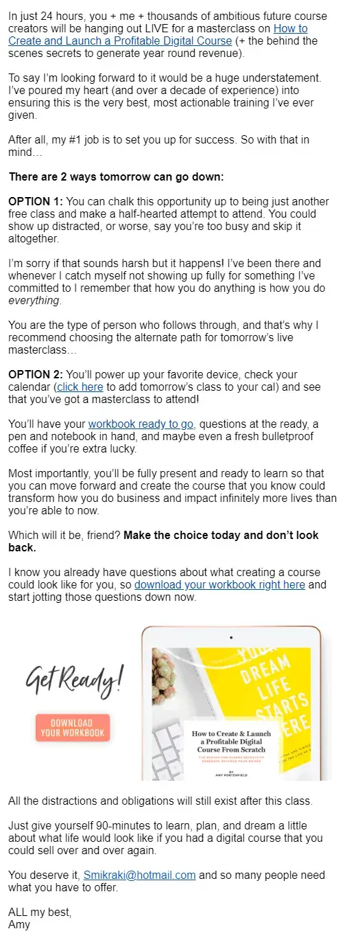 A screenshot showing Amy Porterfield's fourth pre-masterclass email.