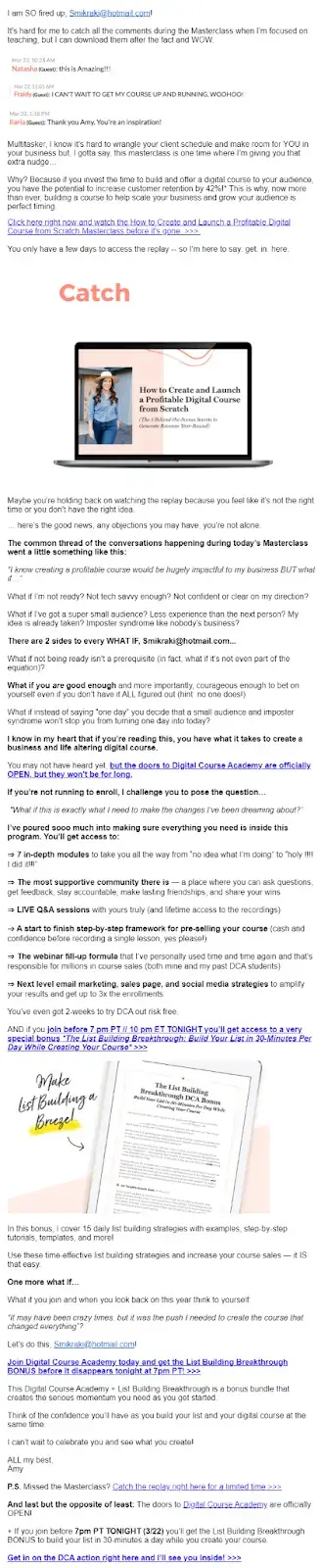 A screenshot showing Amy Porterfield's first post-masterclass email.