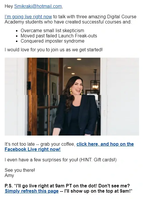A screenshot showing Amy Porterfield's third post-masterclass email.