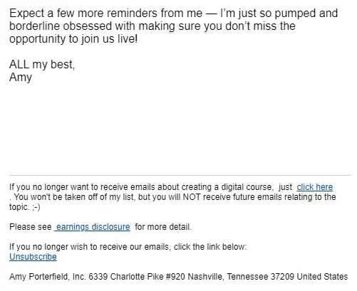 A screenshot showing Amy Porterfield's welcome email footer.