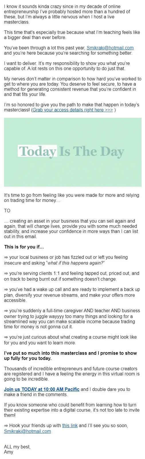 A screenshot showing Amy Porterfield's fifth pre-masterclass email.
