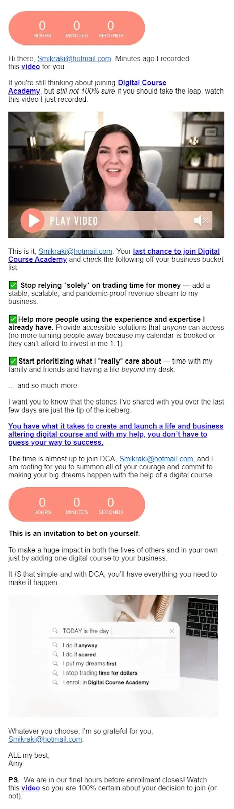 A screenshot showing Amy Porterfield's ninth post-masterclass email.