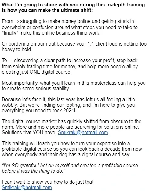 A screenshot showing a part of Amy Porterfield's first masterclass email.