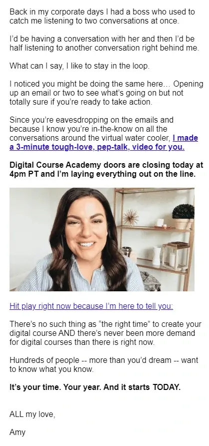 A screenshot showing Amy Porterfield's seventh post-masterclass email.
