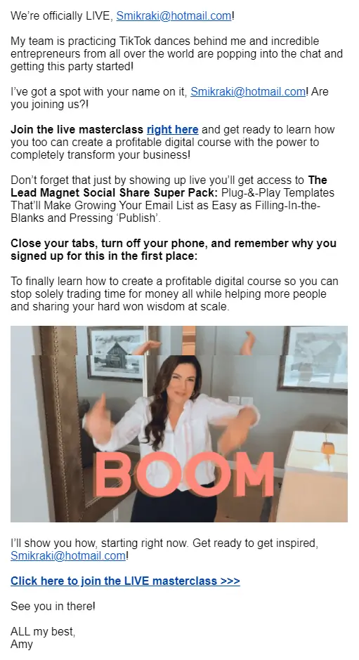 A screenshot showing Amy Porterfield's seventh pre-masterclass email.