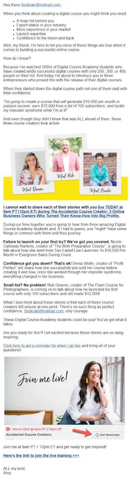 A screenshot showing Amy Porterfield's second post-masterclass email.