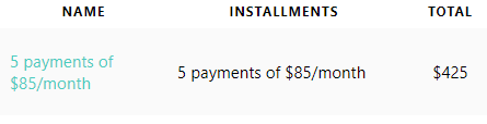 Example of a payment plan for $425.