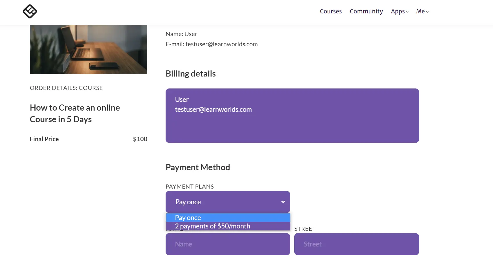 Payment plan form on LearnWorlds, showing a drop down menu for payments.