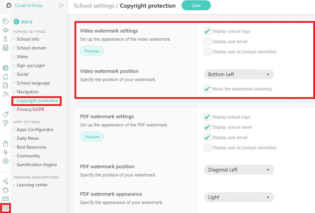 watermark settings for LearnWorlds