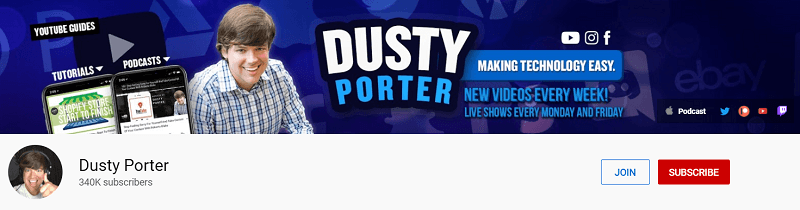 A screenshot showing Dusty Porter's YouTube channel.