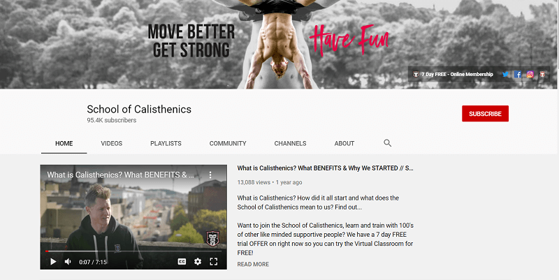 A screenshot showing parts of the School of Calisthenics YouTube channel.