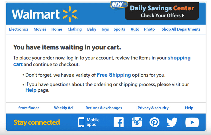 Walmart's email example on cart abandonment