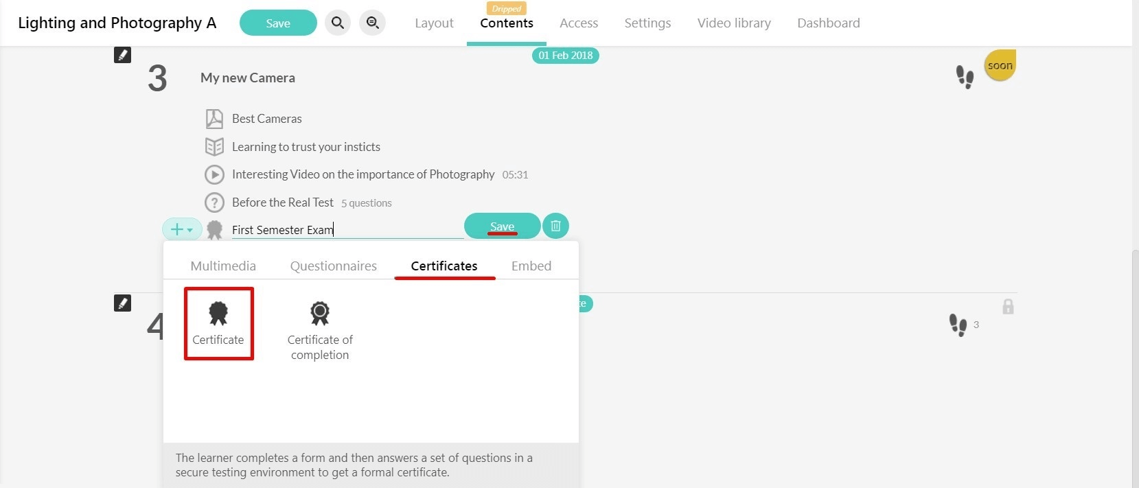 a screenshot on how to create certificates with LearnWorlds