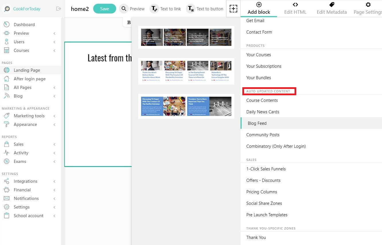 Insert blog feed in pages
