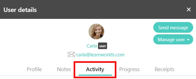 Screenshot from a user's card clicking on the user activity button.